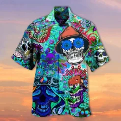 Outlet OUKU Men's Skull Shirt Summer Hawaiian Shirt Camp Collar Shirt Short Sleeve Shirt Turndown Hawaiian Designer Casual Outdoor Street Casual Red Blue Purple 3D Print S M L