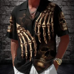 Sale OUKU Men's Skull Skeleton Death Shirt Cuban Collar Shirt Button Up Shirt Short Sleeve Dark Gothic Style Holiday Streetwear Summer Camp Collar Shirt 3D Print Black 1 Black