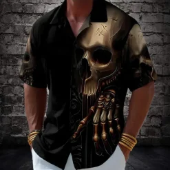 Sale OUKU Men's Skull Skeleton Death Shirt Cuban Collar Shirt Button Up Shirt Short Sleeve Dark Gothic Style Holiday Streetwear Summer Camp Collar Shirt 3D Print Black 1 Black