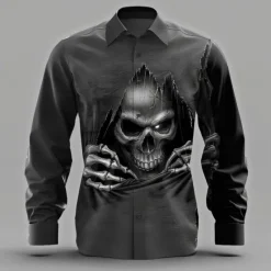 Online OUKU Men's Skull Skeleton Ripped Shirt Button Up Shirt Long Sleeve Dark Punk Gothic Style Holiday Streetwear Summer Spring Turndown 3D Print Collared Shirts Black Wine Green Dark Blue