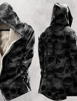 New OUKU Men's Skull Wolf Letter Winter Coat Fleece Jacket Coat Warm Breathable Comfortable Fashion Streetwear Casual Daily Sports & Outdoor Daily Wear Going out Zipper Pocket Print Fall & Winter Hoodie Long