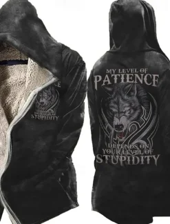 New OUKU Men's Skull Wolf Letter Winter Coat Fleece Jacket Coat Warm Breathable Comfortable Fashion Streetwear Casual Daily Sports & Outdoor Daily Wear Going out Zipper Pocket Print Fall & Winter Hoodie Long