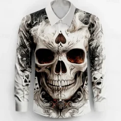 Best OUKU Men's Skulls Button Up Shirt Long Sleeve Fashion Casual Dark Party Evening Wear Street Daily Fall Winter Spring & Summer Shirt Collar Button Up 3D Print White