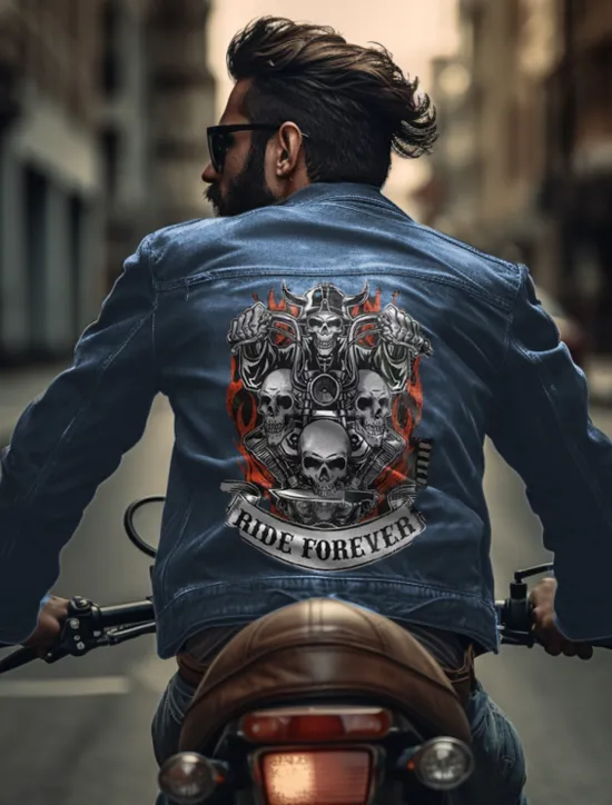 Discount OUKU Men's Skulls Coat Jean Jacket Denim Jacket Breathable Comfortable Casual Sports & Outdoor Going out Weekend Buttons Print Fall & Winter Turndown Long Sleeve Black Blue