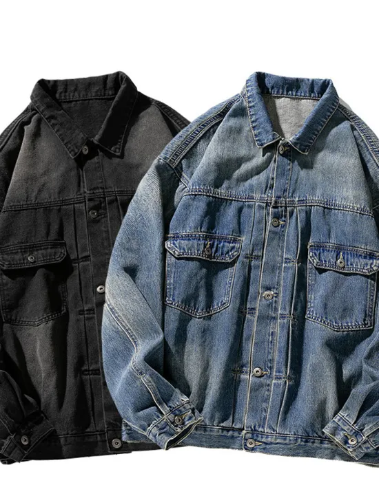 Discount OUKU Men's Skulls Coat Jean Jacket Denim Jacket Breathable Comfortable Casual Sports & Outdoor Going out Weekend Buttons Print Fall & Winter Turndown Long Sleeve Black Blue