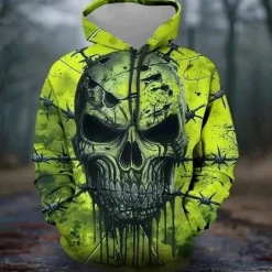 Hot OUKU Men's Skulls Hoodies Sweatshirt Fashion Cool Long Sleeve Crew Neck Party Holiday Streetwear Drawstring Fall Winter Designer Green
