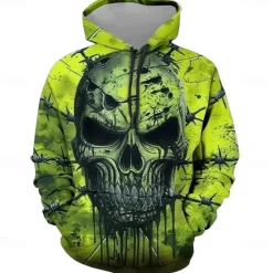 Hot OUKU Men's Skulls Hoodies Sweatshirt Fashion Cool Long Sleeve Crew Neck Party Holiday Streetwear Drawstring Fall Winter Designer Green