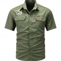 Outlet OUKU Men's Smile Face Work Shirt Western Shirt Cargo Shirt Short Sleeve Casual Tactical Going out Summer Spring Autumn Turndown Buttons Print Black Green Dark Blue Beige Gray