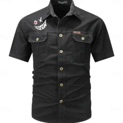 Outlet OUKU Men's Smile Face Work Shirt Western Shirt Cargo Shirt Short Sleeve Casual Tactical Going out Summer Spring Autumn Turndown Buttons Print Black Green Dark Blue Beige Gray
