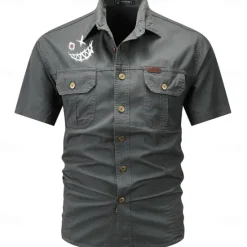 Outlet OUKU Men's Smile Face Work Shirt Western Shirt Cargo Shirt Short Sleeve Casual Tactical Going out Summer Spring Autumn Turndown Buttons Print Black Green Dark Blue Beige Gray