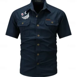 Outlet OUKU Men's Smile Face Work Shirt Western Shirt Cargo Shirt Short Sleeve Casual Tactical Going out Summer Spring Autumn Turndown Buttons Print Black Green Dark Blue Beige Gray