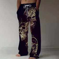 Discount OUKU Men's Smoke Halloween Costumes Skulls Trousers Baggy Pants Casual Pants Mid Waist Dark Gothic Style Holiday Streetwear Elastic Drawstring Waist Linen-Like Pants with Pockets Summer Spring 3D Print