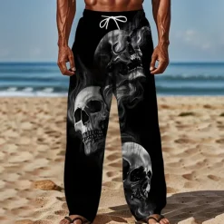 Discount OUKU Men's Smoke Halloween Costumes Skulls Trousers Baggy Pants Casual Pants Mid Waist Dark Gothic Style Holiday Streetwear Elastic Drawstring Waist Linen-Like Pants with Pockets Summer Spring 3D Print