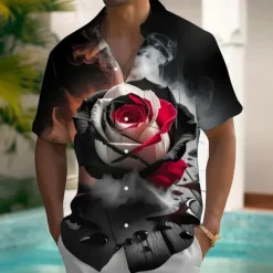 Discount OUKU Men's Smoky Floral Print Halloween Costumes Shirt Summer Shirt Button Up Shirt Short Sleeve Vintage Retro Outdoor Vacation Dailywear Summer Spring Turndown 3D Print Collared Shirts Front One Pocket