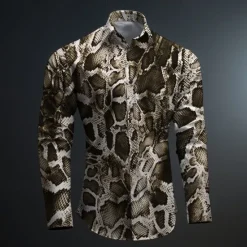 Online OUKU Men's Snake Print Aloha Shirt Printed Shirts Long Sleeve Subcultural Vacation Party Street Spring & Summer Turndown Print Button-Down Khaki Gray