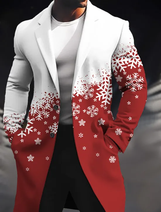 OUKU Men's Snowflake Winter Coat Overcoat Coat Warm Breathable Comfortable Business Casual Christmas Work Wear to work Pocket Print Fall & Winter Turndown Long Sleeve Wine Blue Purple