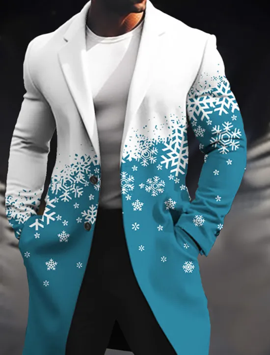 OUKU Men's Snowflake Winter Coat Overcoat Coat Warm Breathable Comfortable Business Casual Christmas Work Wear to work Pocket Print Fall & Winter Turndown Long Sleeve Wine Blue Purple