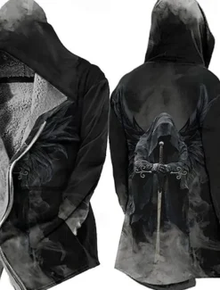 Hot OUKU Men's Soldier Winter Coat Fleece Jacket Coat Warm Breathable Comfortable Vintage Abstract Gothic Sports & Outdoor Daily Wear Going out Zipper Pocket Print Fall & Winter Hoodie Long Sleeve Black