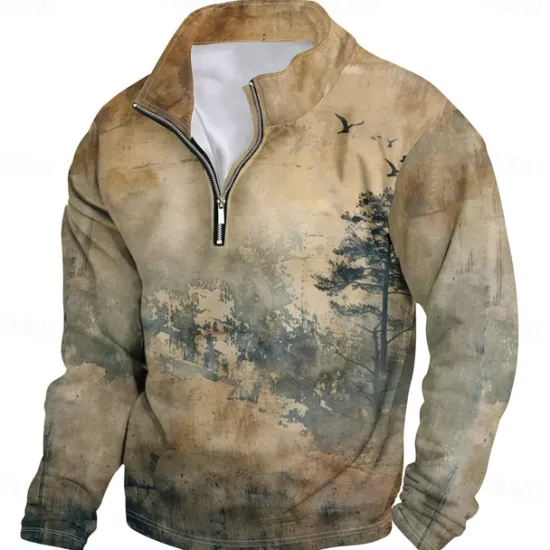 Clearance OUKU Men's Solid / Plain Color Hoodies Daily Casual Long Sleeve Stand Collar Vacation Going out Streetwear Print Spring & Fall Designer Brown