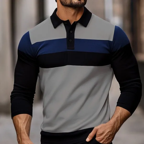 Best OUKU Men's Solid Color Rugby Polo Shirts Long Sleeve Polo Shirts Lapel Classic Fashion 3D Print Modern Casual Sports Pocket Fall Winter White Light Blue Grey