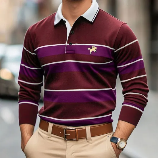 Discount OUKU Men's Solid Color Rugby Polo Shirts Golf Polos Shirts Long Sleeve Polo Shirts Lapel Classic Fashion Basic Modern Casual Sports Logo Fall Winter Burgundy Navy Blue Purple