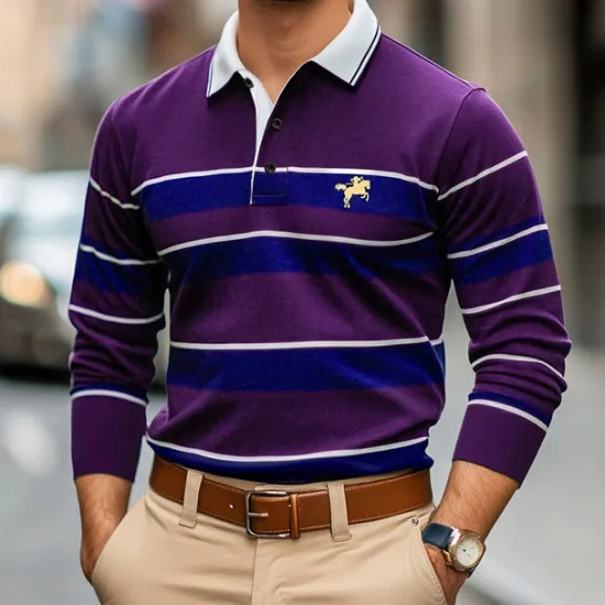 Discount OUKU Men's Solid Color Rugby Polo Shirts Golf Polos Shirts Long Sleeve Polo Shirts Lapel Classic Fashion Basic Modern Casual Sports Logo Fall Winter Burgundy Navy Blue Purple