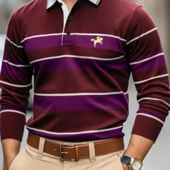 Discount OUKU Men's Solid Color Rugby Polo Shirts Golf Polos Shirts Long Sleeve Polo Shirts Lapel Classic Fashion Basic Modern Casual Sports Logo Fall Winter Burgundy Navy Blue Purple