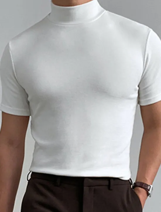 Outlet OUKU Men's Solid Color T shirt Short Sleeve Shirt Stand Collar Street Holiday Black White Gray Clothing Apparel Fashion Casual Comfortable