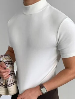 Outlet OUKU Men's Solid Color T shirt Short Sleeve Shirt Stand Collar Street Holiday Black White Gray Clothing Apparel Fashion Casual Comfortable