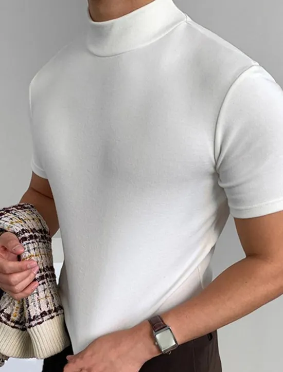 Outlet OUKU Men's Solid Color T shirt Short Sleeve Shirt Stand Collar Street Holiday Black White Gray Clothing Apparel Fashion Casual Comfortable