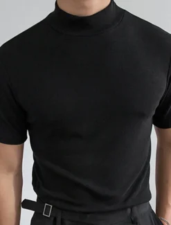 Outlet OUKU Men's Solid Color T shirt Short Sleeve Shirt Stand Collar Street Holiday Black White Gray Clothing Apparel Fashion Casual Comfortable