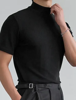 Outlet OUKU Men's Solid Color T shirt Short Sleeve Shirt Stand Collar Street Holiday Black White Gray Clothing Apparel Fashion Casual Comfortable