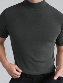 Outlet OUKU Men's Solid Color T shirt Short Sleeve Shirt Stand Collar Street Holiday Black White Gray Clothing Apparel Fashion Casual Comfortable