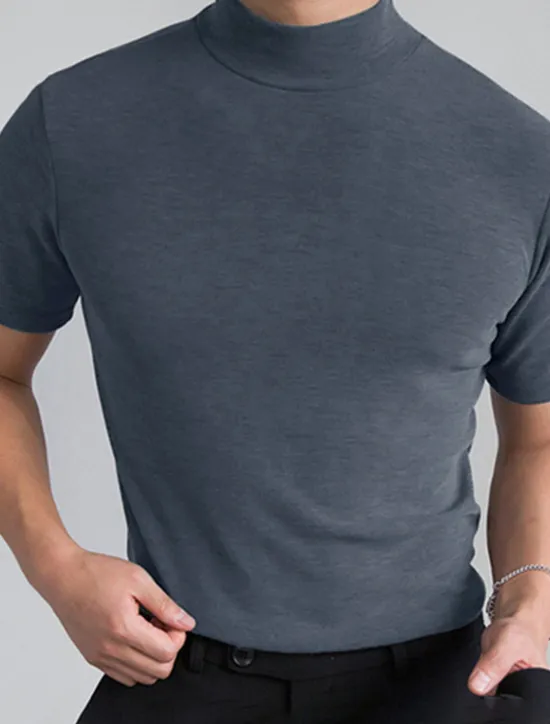 Outlet OUKU Men's Solid Color T shirt Short Sleeve Shirt Stand Collar Street Holiday Black White Gray Clothing Apparel Fashion Casual Comfortable