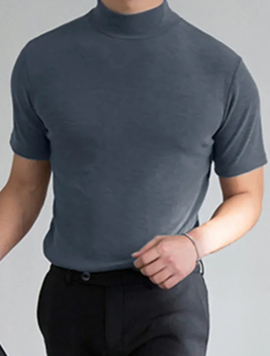 Outlet OUKU Men's Solid Color T shirt Short Sleeve Shirt Stand Collar Street Holiday Black White Gray Clothing Apparel Fashion Casual Comfortable