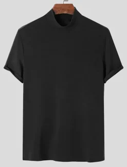 Outlet OUKU Men's Solid Color T shirt Short Sleeve Shirt Stand Collar Street Holiday Black White Gray Clothing Apparel Fashion Casual Comfortable