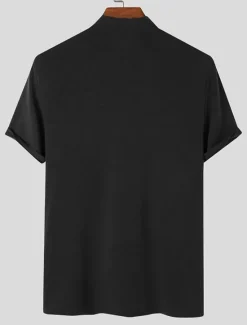 Outlet OUKU Men's Solid Color T shirt Short Sleeve Shirt Stand Collar Street Holiday Black White Gray Clothing Apparel Fashion Casual Comfortable