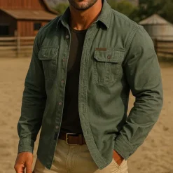 Sale OUKU Men's Solid Color Work Shirt Western Shirt Cargo Shirt Long Sleeve Casual Tactical Sports Outdoor WorkWear Spring Fall Turndown Front Two Pockets Button Up Shirts Army Green Khaki