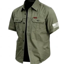 Best OUKU Men's Solid Color Work Shirt Western Shirt Cargo Shirt Short Sleeve Casual Tactical Vacation Daily Going out Summer Turndown Lapel Pocket Army Green off-white Khaki Dark Blue