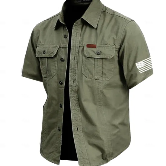 Best OUKU Men's Solid Color Work Shirt Western Shirt Cargo Shirt Short Sleeve Casual Tactical Vacation Daily Going out Summer Turndown Lapel Pocket Army Green off-white Khaki Dark Blue
