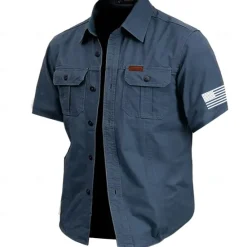 Best OUKU Men's Solid Color Work Shirt Western Shirt Cargo Shirt Short Sleeve Casual Tactical Vacation Daily Going out Summer Turndown Lapel Pocket Army Green off-white Khaki Dark Blue