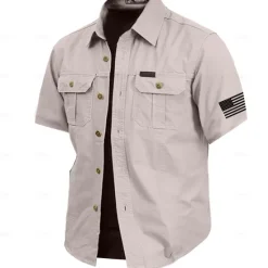 Best OUKU Men's Solid Color Work Shirt Western Shirt Cargo Shirt Short Sleeve Casual Tactical Vacation Daily Going out Summer Turndown Lapel Pocket Army Green off-white Khaki Dark Blue