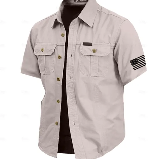 Best OUKU Men's Solid Color Work Shirt Western Shirt Cargo Shirt Short Sleeve Casual Tactical Vacation Daily Going out Summer Turndown Lapel Pocket Army Green off-white Khaki Dark Blue