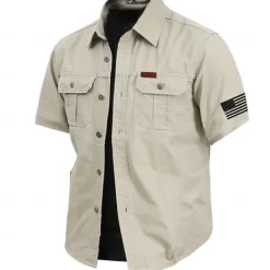 Best OUKU Men's Solid Color Work Shirt Western Shirt Cargo Shirt Short Sleeve Casual Tactical Vacation Daily Going out Summer Turndown Lapel Pocket Army Green off-white Khaki Dark Blue