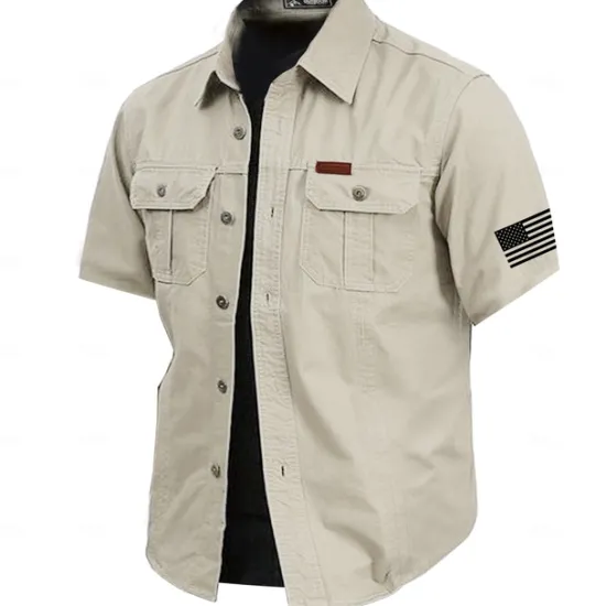 Best OUKU Men's Solid Color Work Shirt Western Shirt Cargo Shirt Short Sleeve Casual Tactical Vacation Daily Going out Summer Turndown Lapel Pocket Army Green off-white Khaki Dark Blue