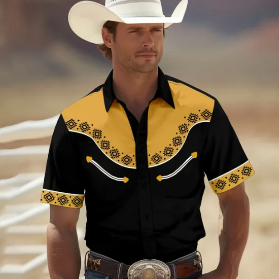 Clearance OUKU Men's Southwestern Print Shirt Western Shirt Cowboy Shirt Short Sleeve Western Style Tribal Summer Spring Shirt Collar Black Yellow Red Green