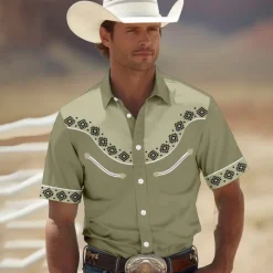 Clearance OUKU Men's Southwestern Print Shirt Western Shirt Cowboy Shirt Short Sleeve Western Style Tribal Summer Spring Shirt Collar Black Yellow Red Green