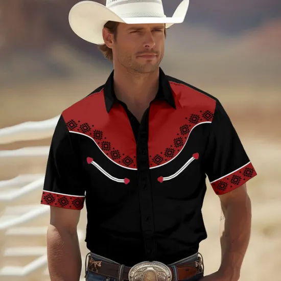 Clearance OUKU Men's Southwestern Print Shirt Western Shirt Cowboy Shirt Short Sleeve Western Style Tribal Summer Spring Shirt Collar Black Yellow Red Green