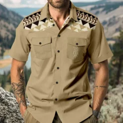 Clearance OUKU Men's Southwestern Print Shirt Western Shirt Cowboy Shirt Short Sleeve Western Style Outdoor Summer Spring Shirt Collar Black Khaki