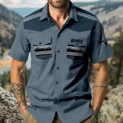Outlet OUKU Men's Southwestern Print Shirt Western Shirt Cowboy Shirt Short Sleeve Western Style Outdoor Party Summer Spring Shirt Collar Black Blue Khaki